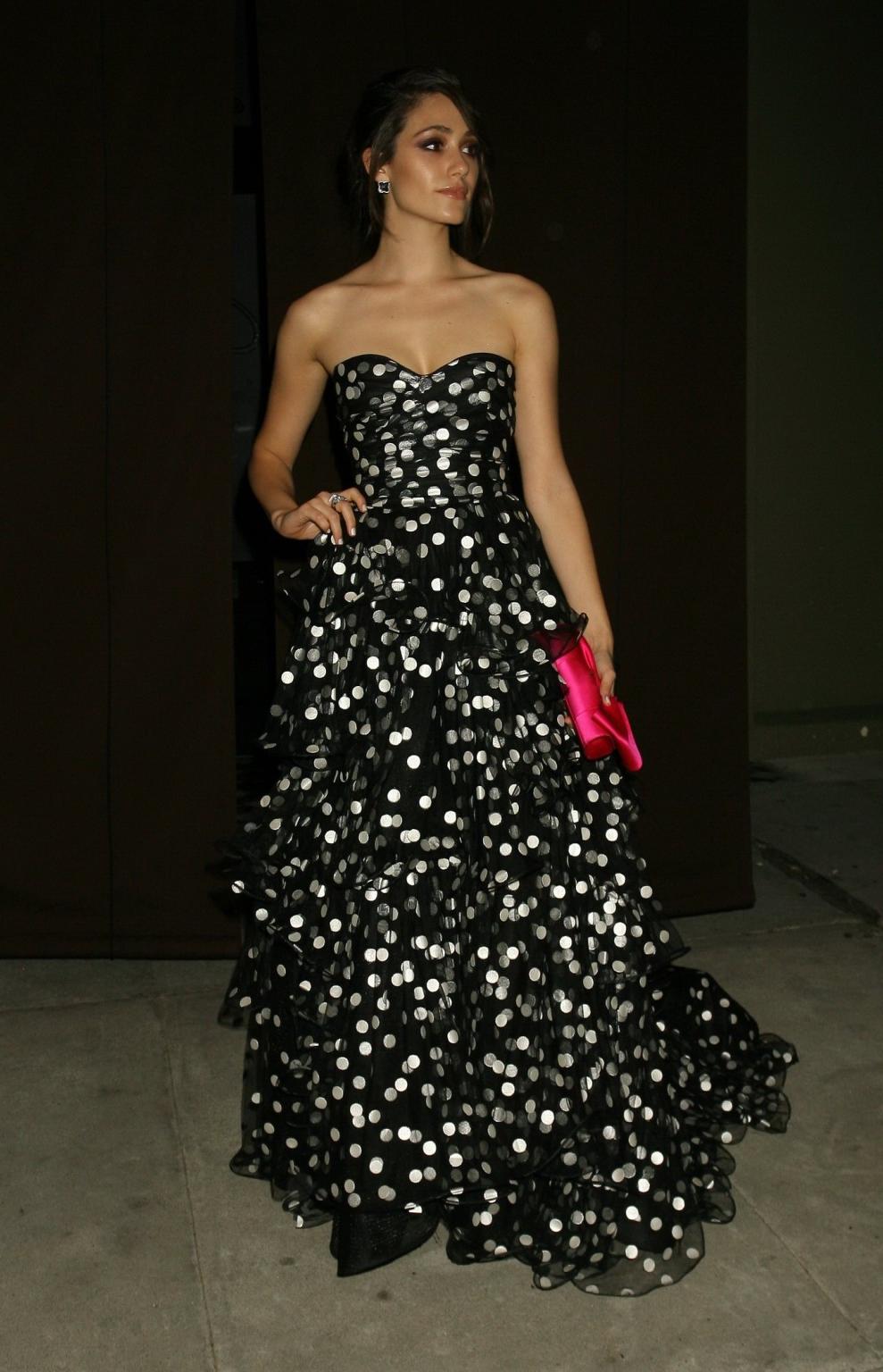 16P Emmy Rossum busty in a polka dot tube dress at Craigs Restaurant in West Hollywo