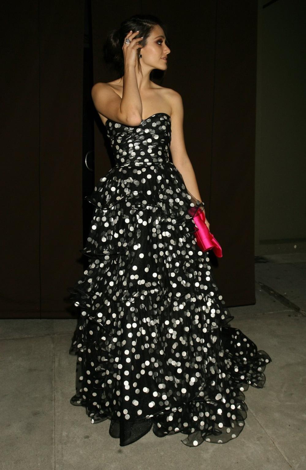16P Emmy Rossum busty in a polka dot tube dress at Craigs Restaurant in West Hollywo