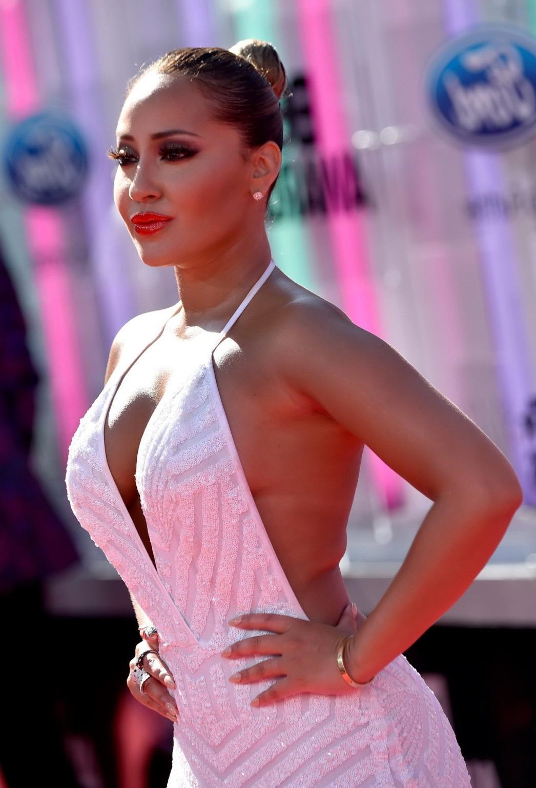 16P Adrienne Bailon shows huge cleavage wearing a bareback maxi dress at the 2014 BE