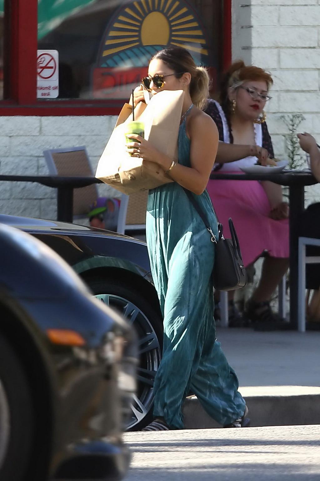 16P Vanessa Hudgens braless showing huge cleavage in blue bareback dress out in Stud