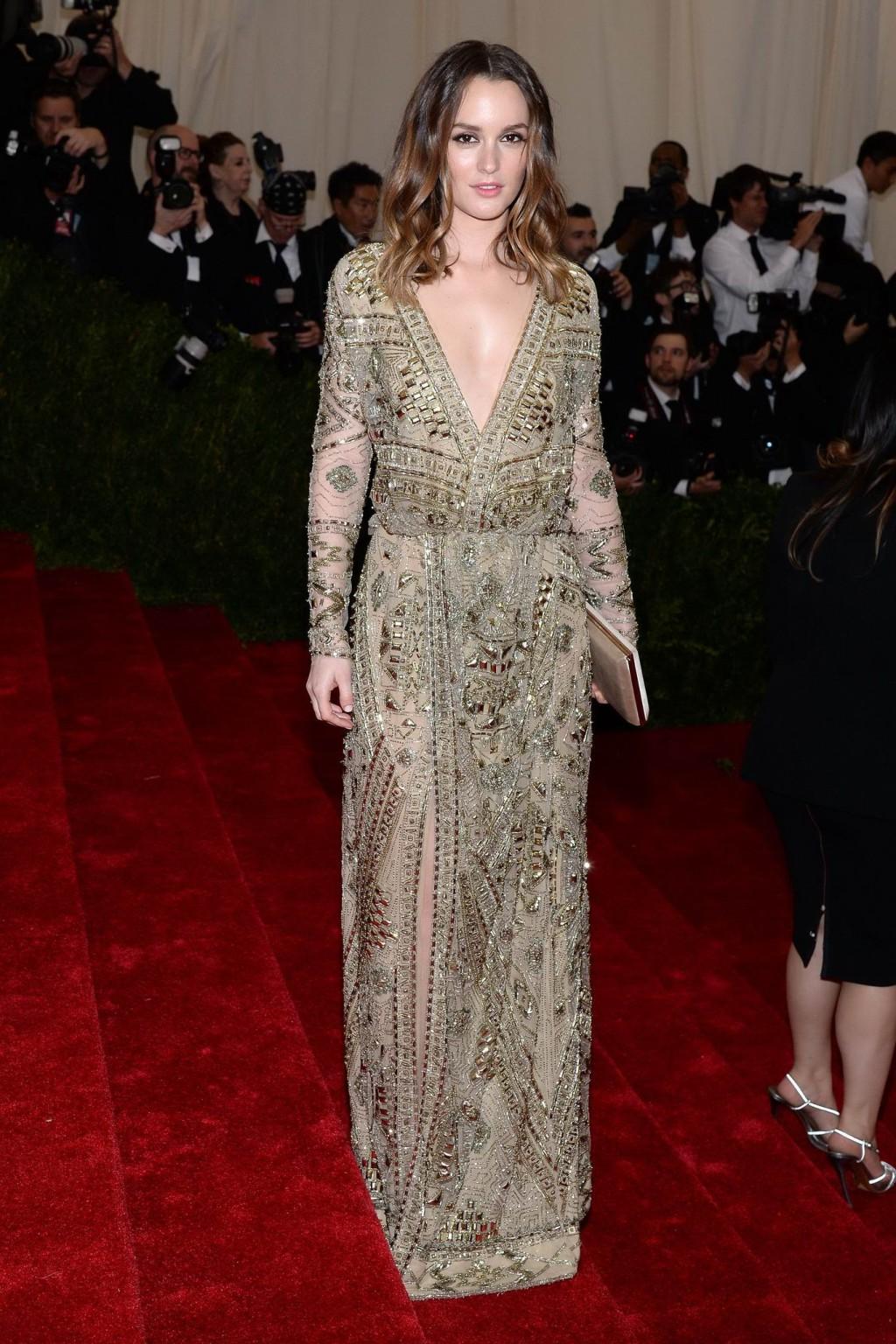 16P Leighton Meester braless showing huge cleavage in high slit golden seethrough dr