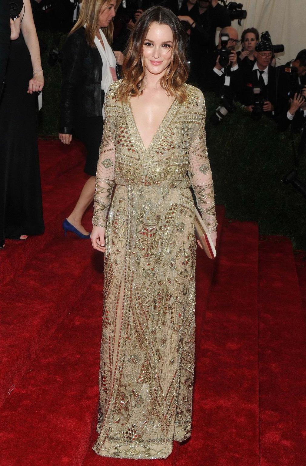 16P Leighton Meester braless showing huge cleavage in high slit golden seethrough dr