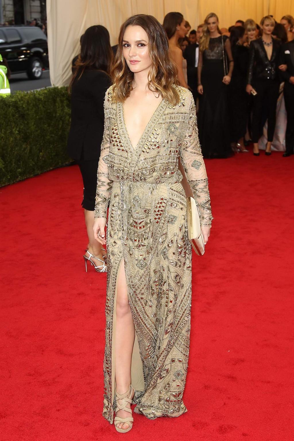 16P Leighton Meester braless showing huge cleavage in high slit golden seethrough dr