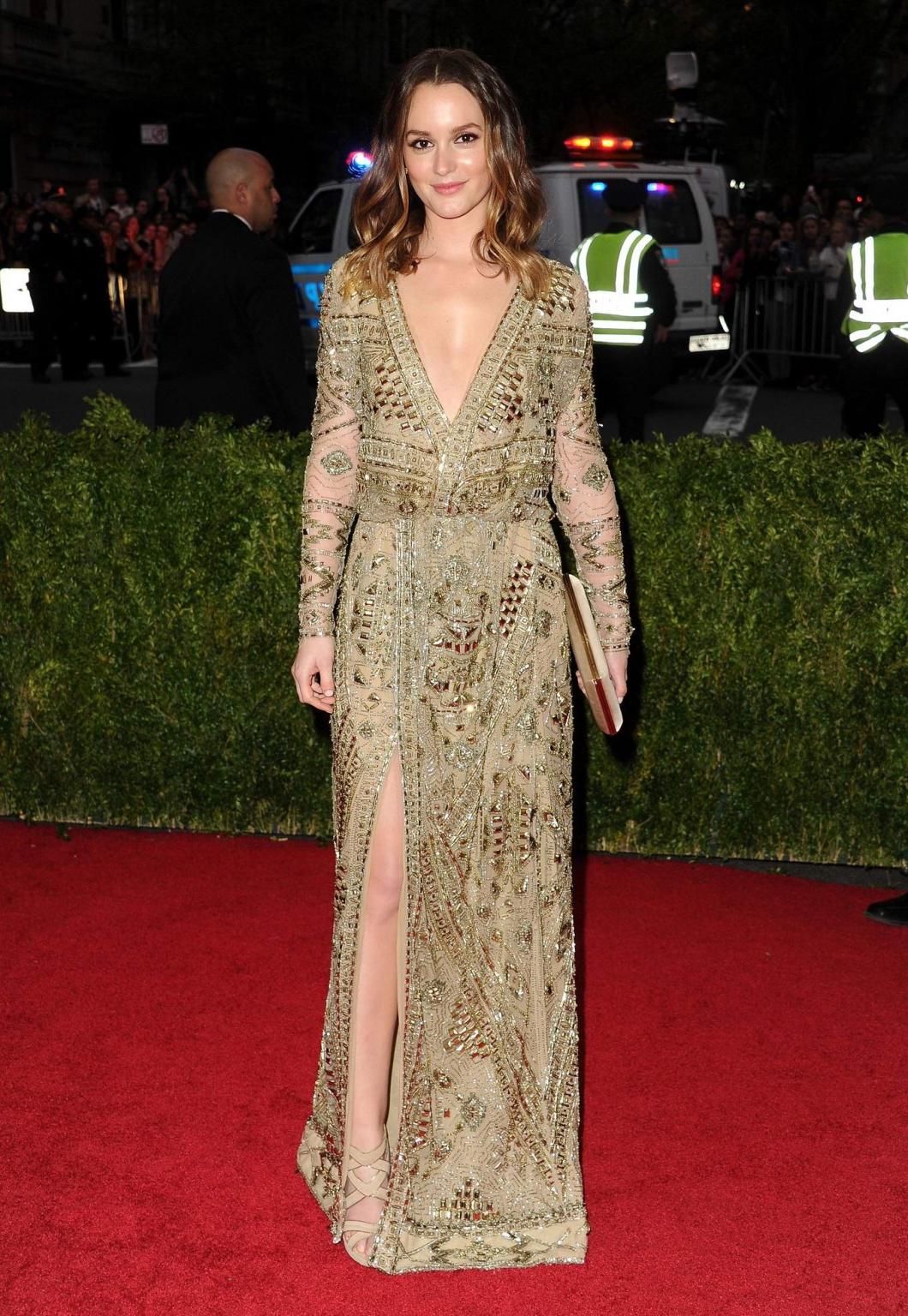 16P Leighton Meester braless showing huge cleavage in high slit golden seethrough dr