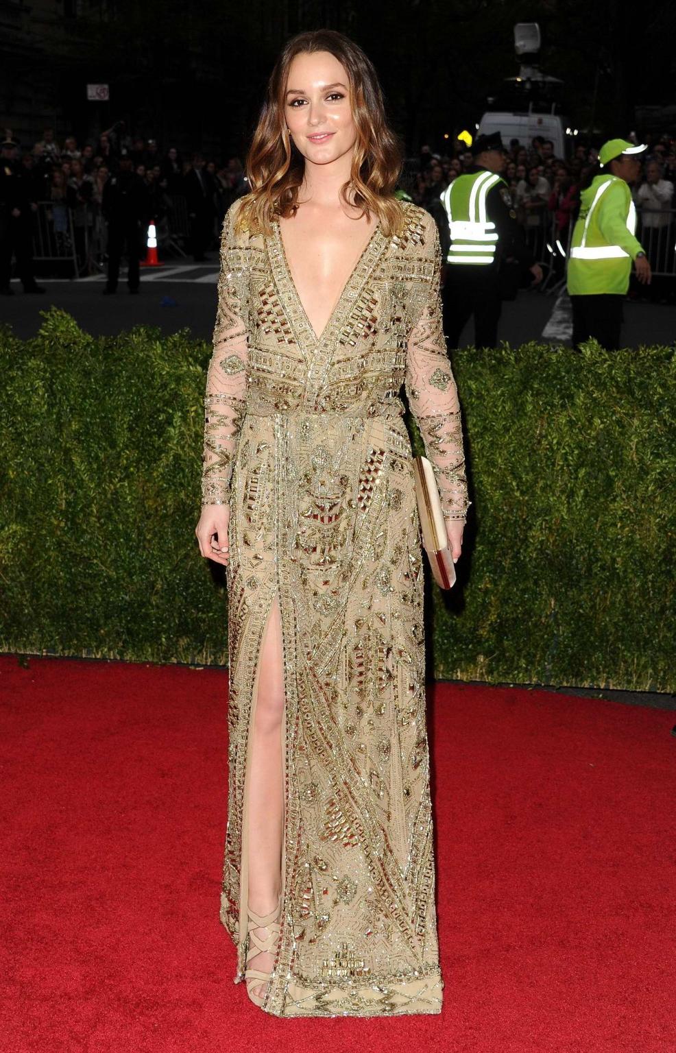 16P Leighton Meester braless showing huge cleavage in high slit golden seethrough dr