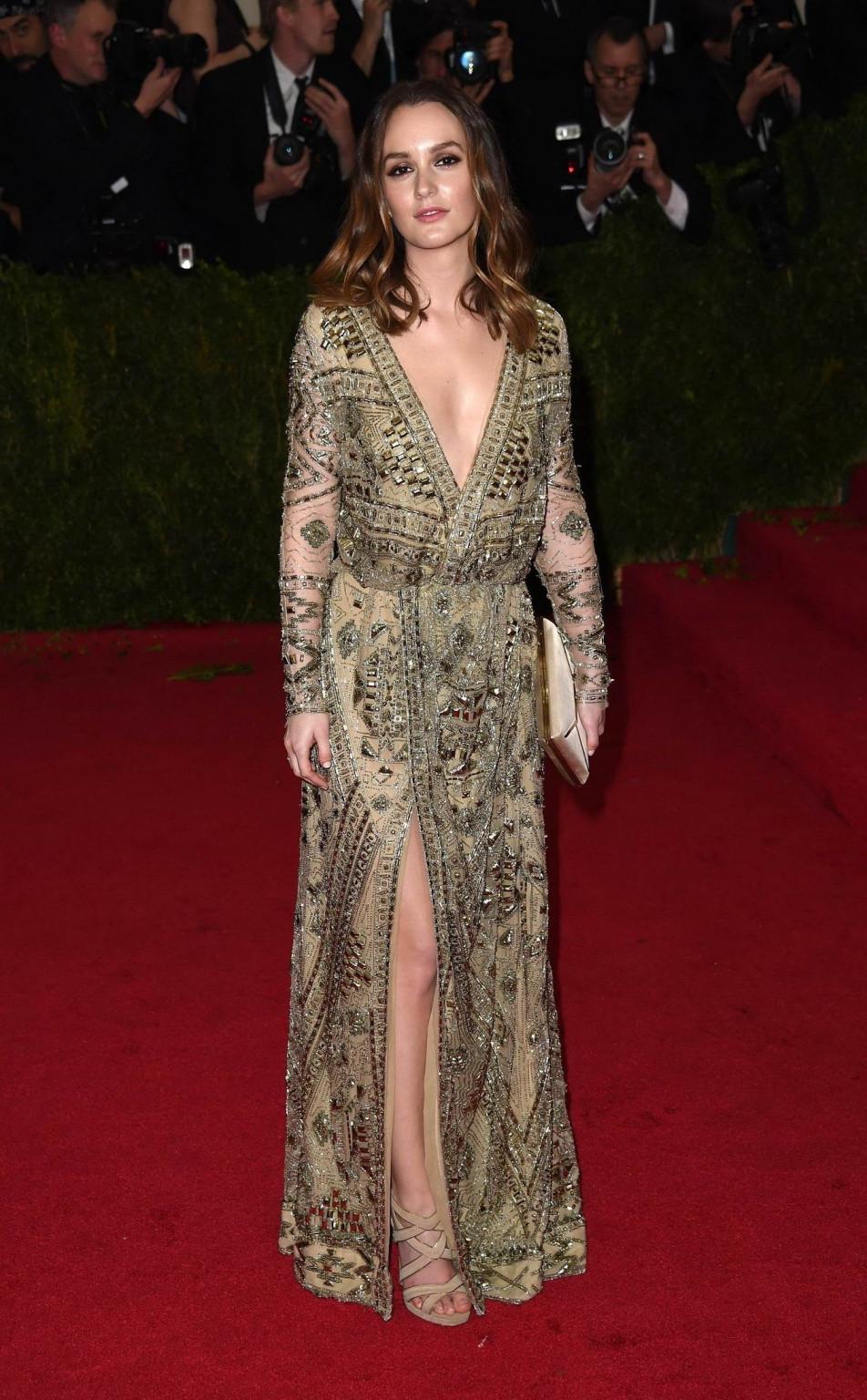 16P Leighton Meester braless showing huge cleavage in high slit golden seethrough dr