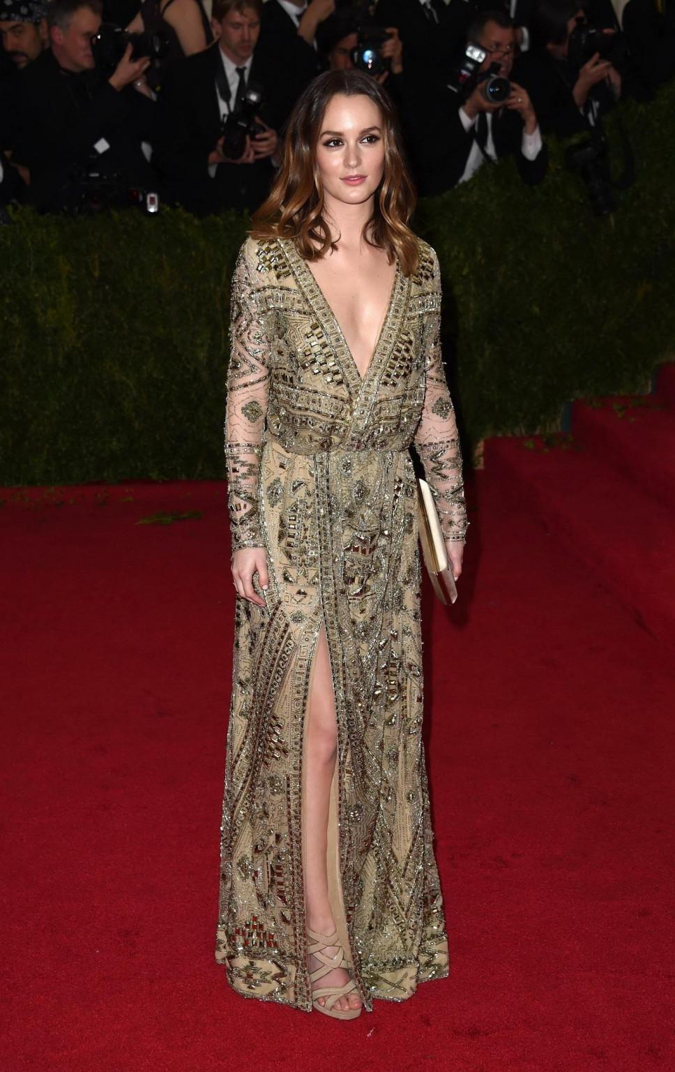16P Leighton Meester braless showing huge cleavage in high slit golden seethrough dr