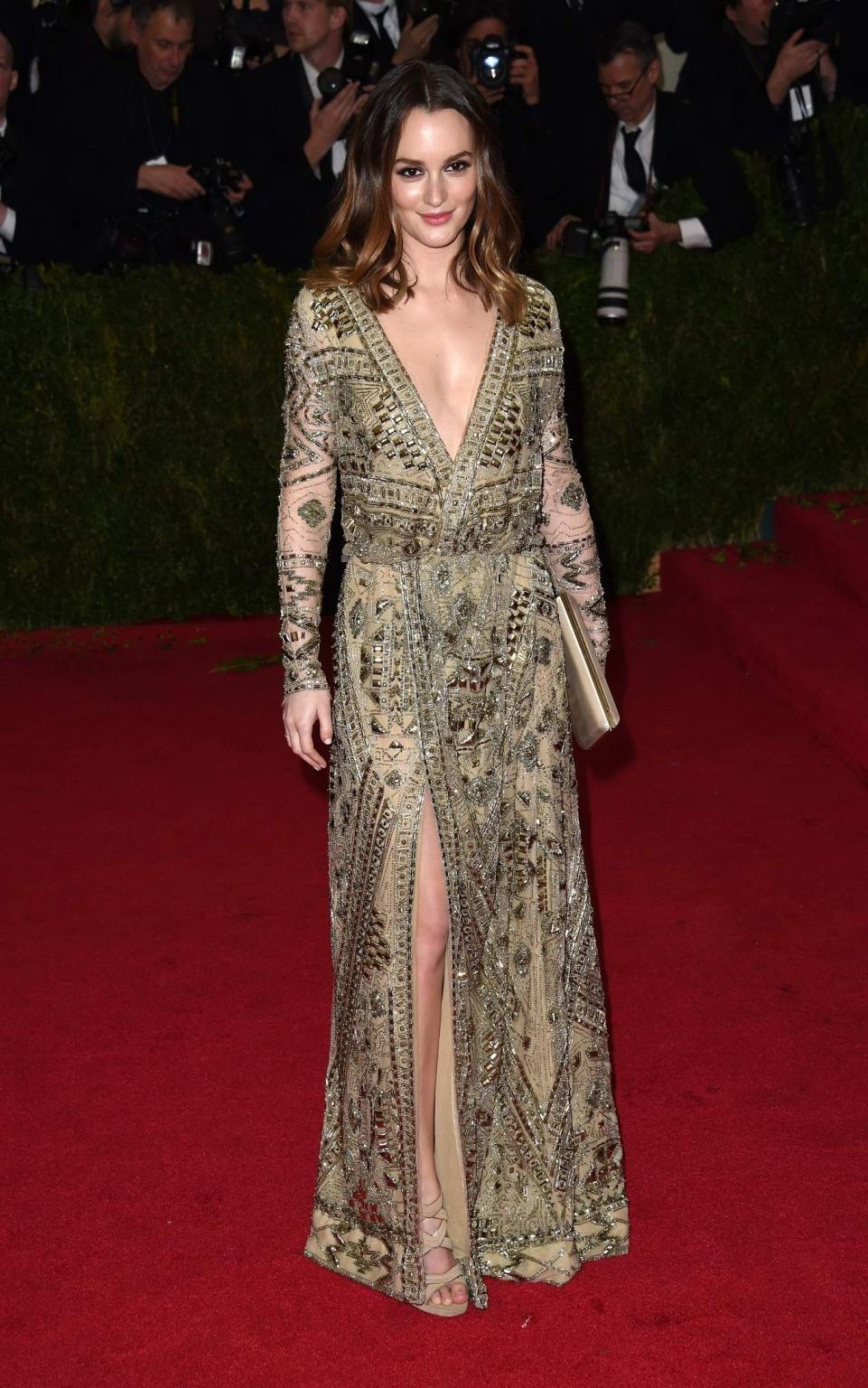 16P Leighton Meester braless showing huge cleavage in high slit golden seethrough dr