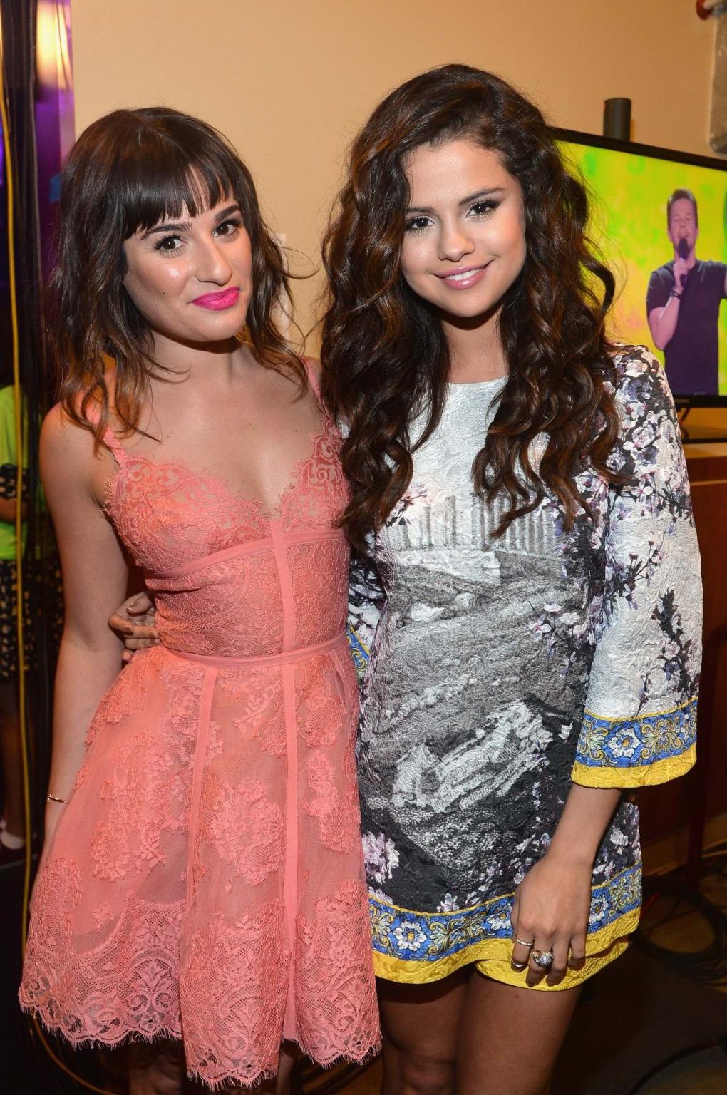 16P Lea Michele braless in a seethrough lace mini dress