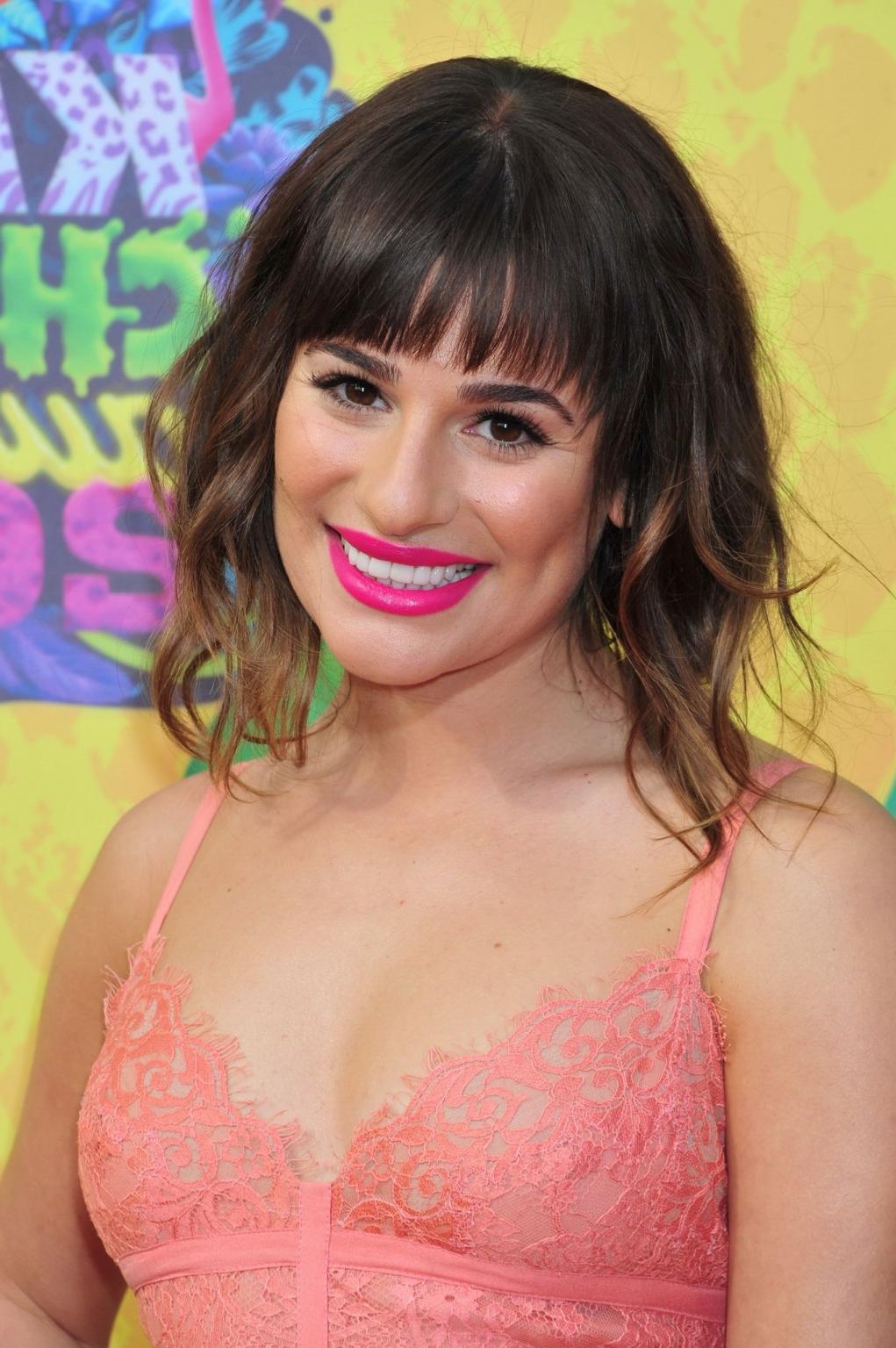 16P Lea Michele braless in a seethrough lace mini dress