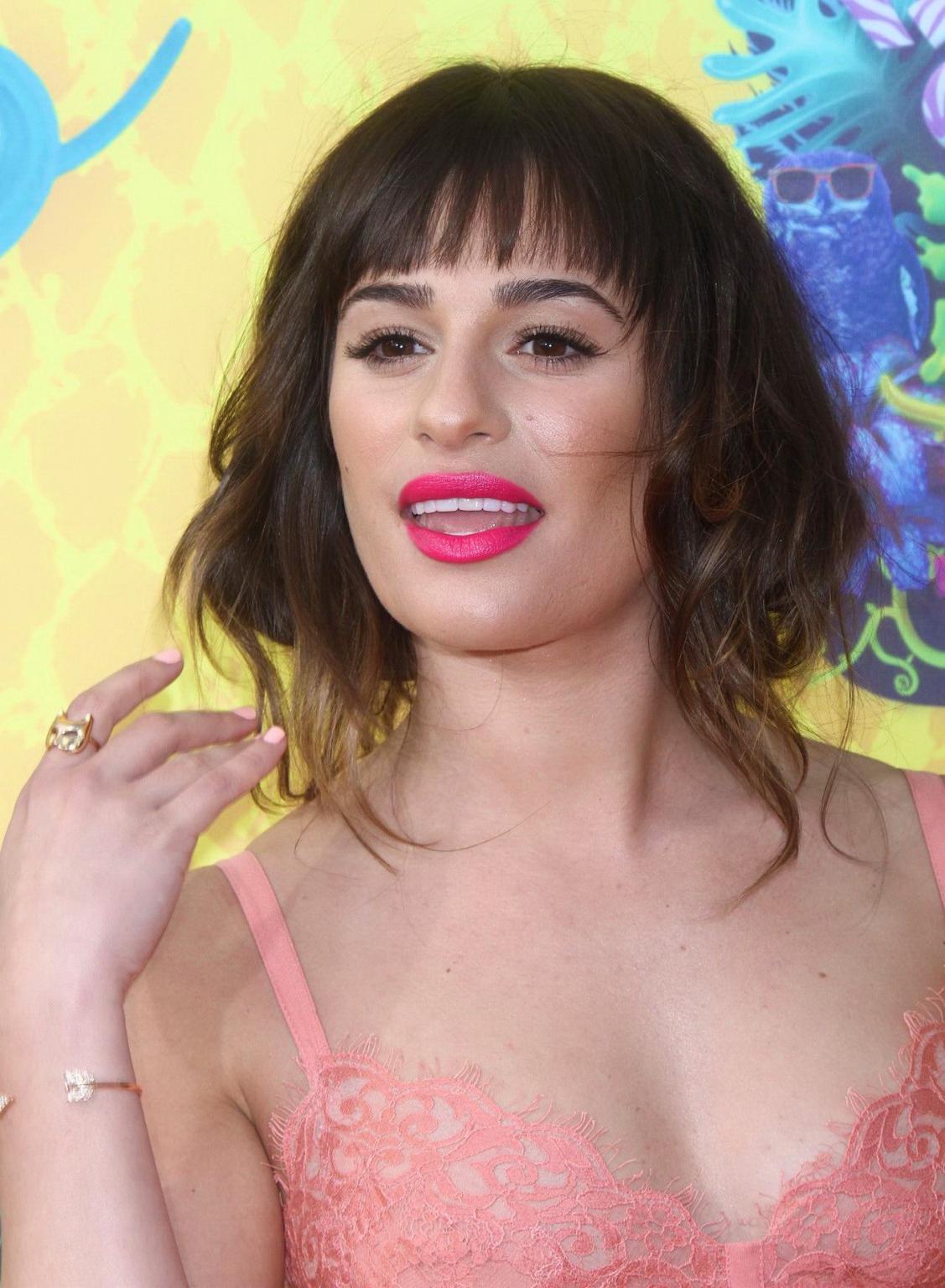 16P Lea Michele braless in a seethrough lace mini dress