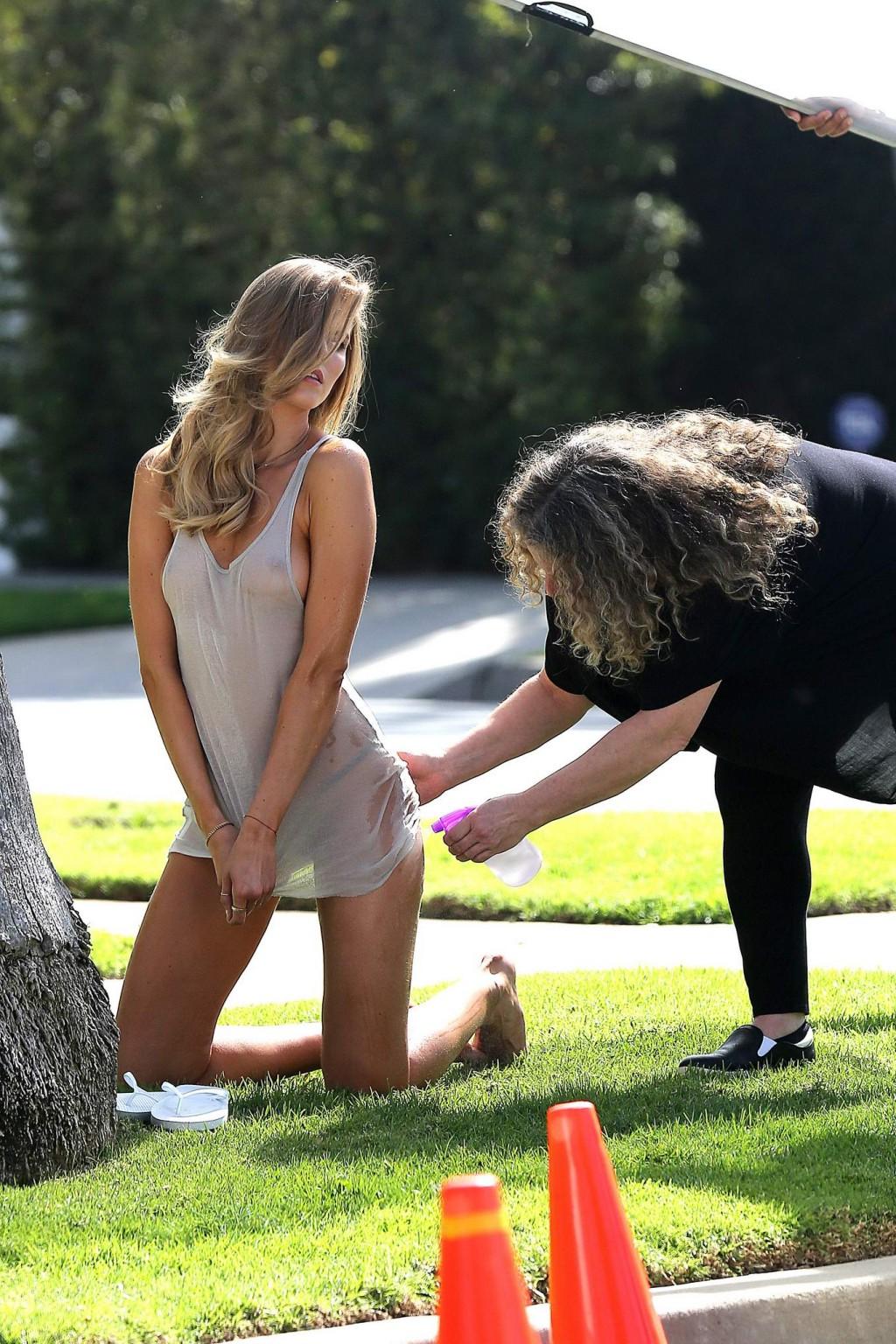 16P Maryna Linchuk hot boob-slip during some wet T-shirt photoshoot at the park in L
