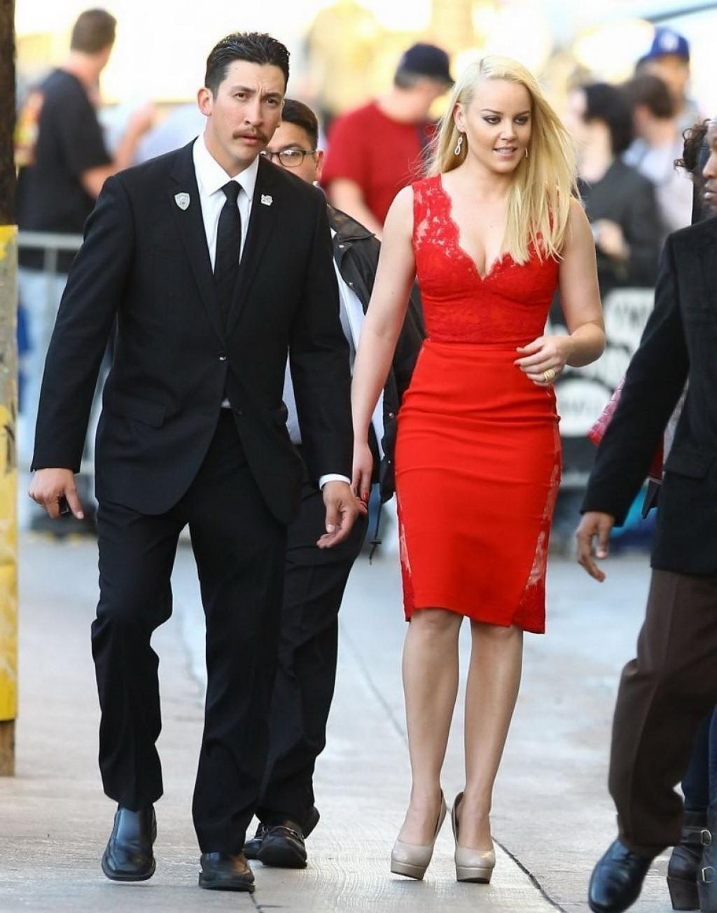 16P Abbie Cornish showing big cleavage in a short tight red dress at Jimmy Kimmel Li
