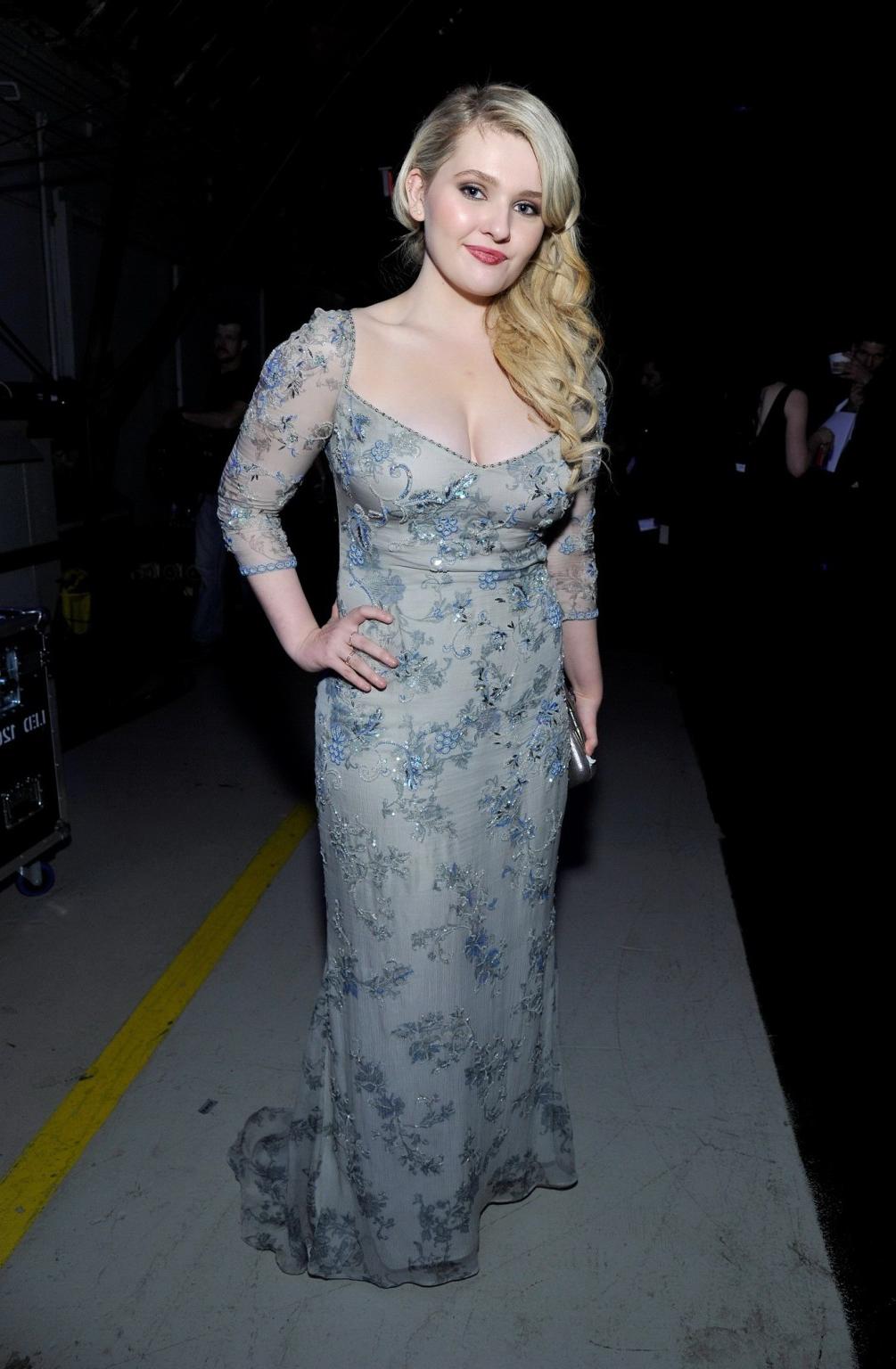 16P Abigail Breslin showing huge cleavage in a partially see-through lace dress at 1