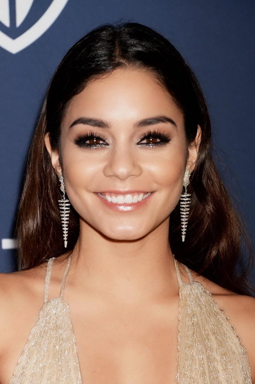 15P Vanessa Hudgens braless showing huge cleavage in hot flesh colored dress at InSt