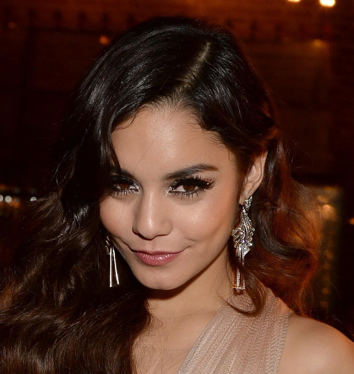 15P Vanessa Hudgens braless showing huge cleavage in hot flesh colored dress at InSt