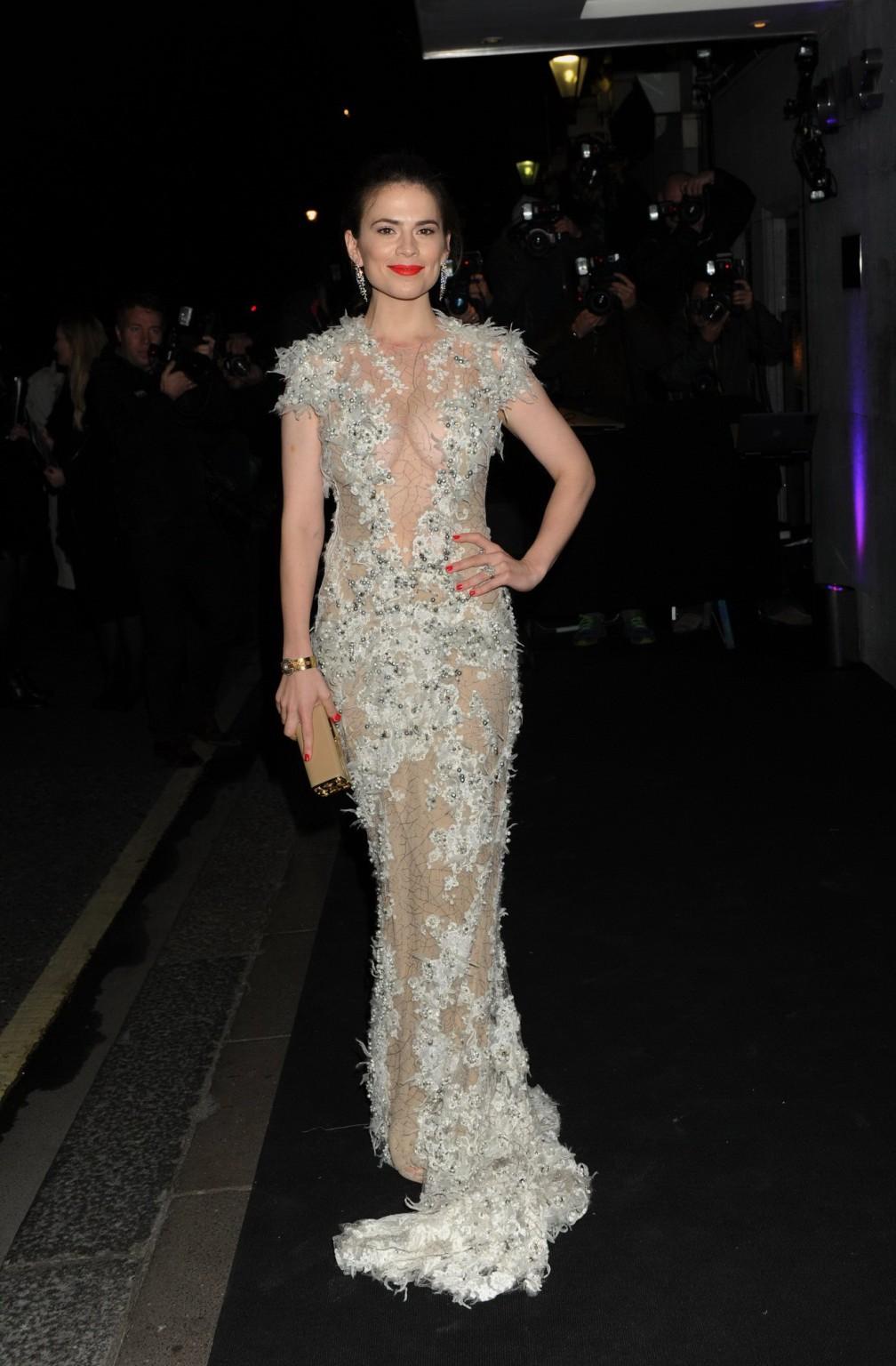 16P Hayley Atwell braless showing huge cleavage in a white sheer dress at 59th Londo