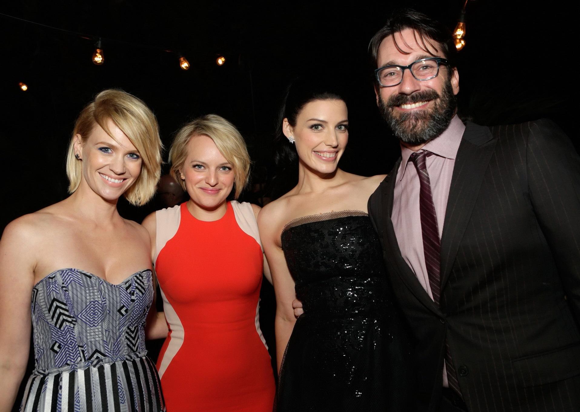 16P January Jones showing huge cleavage in a tube mini dress at Vanity Fair and Mayb