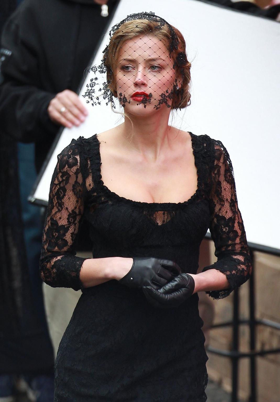 16P Amber Heard busty wearing a black lace dress on the set of 'London Fields' in Lo