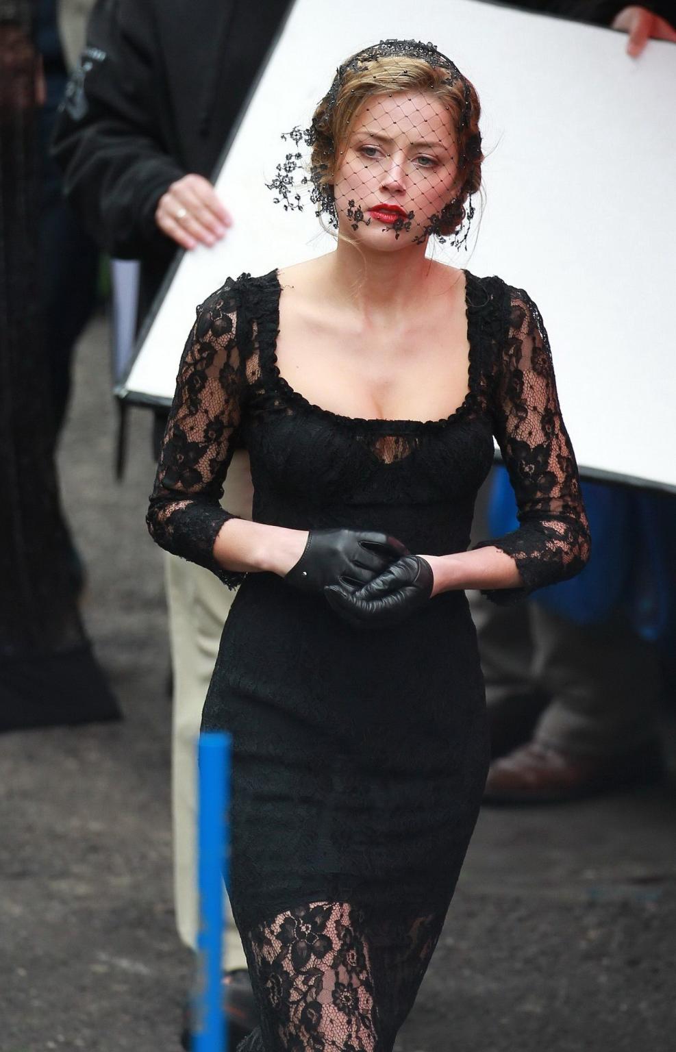 16P Amber Heard busty wearing a black lace dress on the set of 'London Fields' in Lo