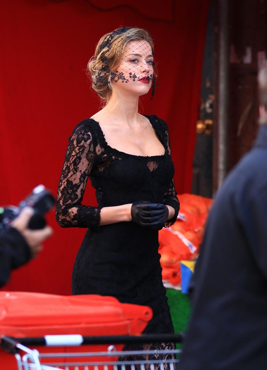 16P Amber Heard busty wearing a black lace dress on the set of 'London Fields' in Lo