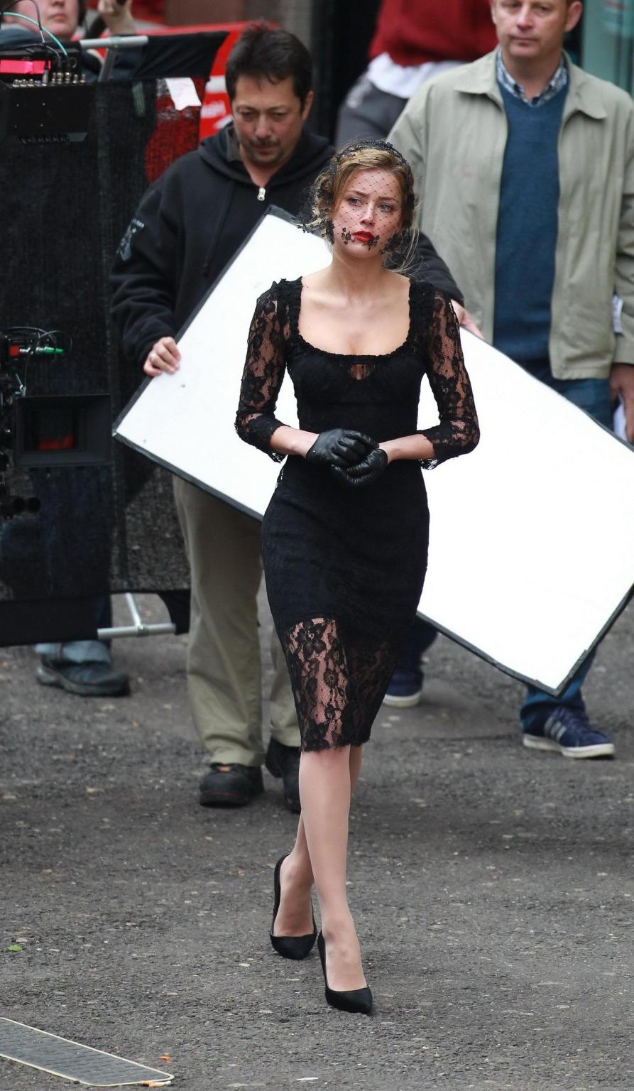 16P Amber Heard busty wearing a black lace dress on the set of 'London Fields' in Lo