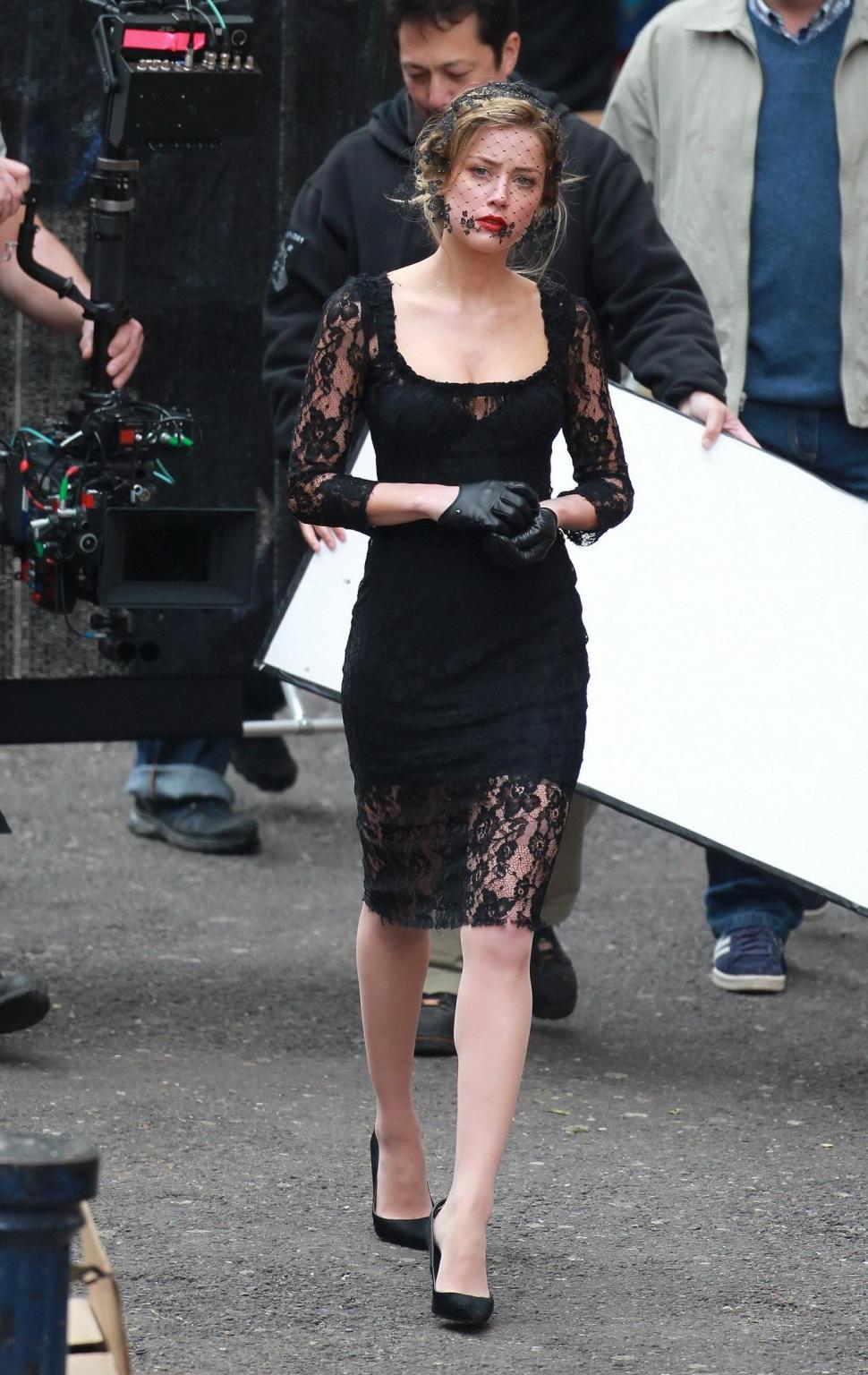 16P Amber Heard busty wearing a black lace dress on the set of 'London Fields' in Lo