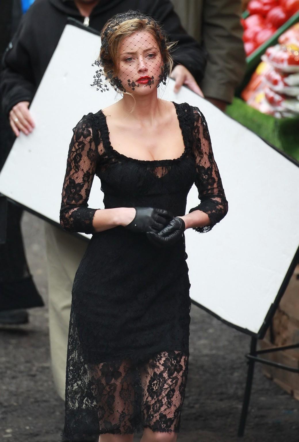 16P Amber Heard busty wearing a black lace dress on the set of 'London Fields' in Lo