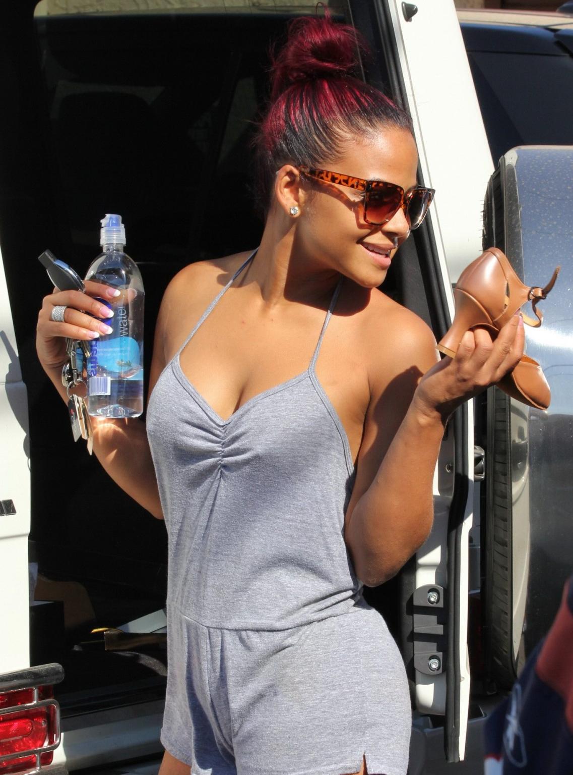 16P Christina Milian braless wearing tiny gray sports outfit at the Dancing with the