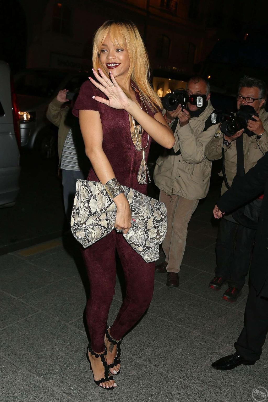 16P Rihanna braless showing huge cleavage in a red tight bodysuit out in Paris