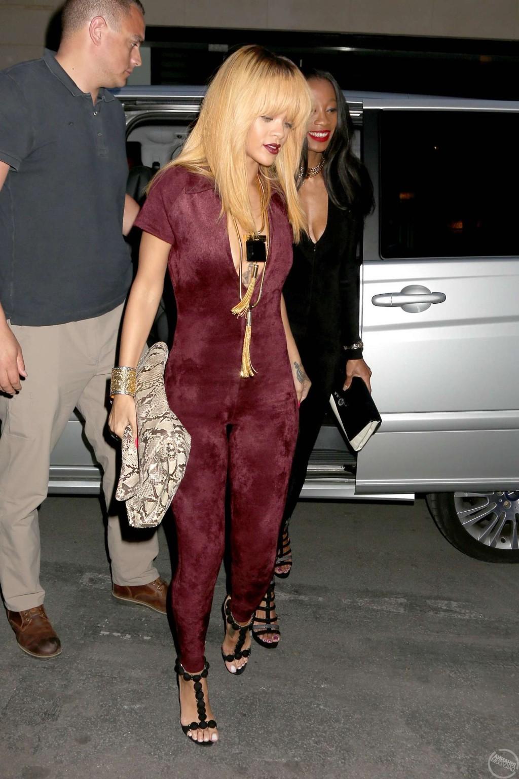 16P Rihanna braless showing huge cleavage in a red tight bodysuit out in Paris