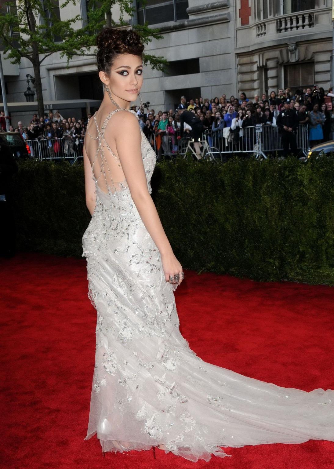 16P Emmy Rossum showing big cleavage in white lace partially see-thru dress on 2013 