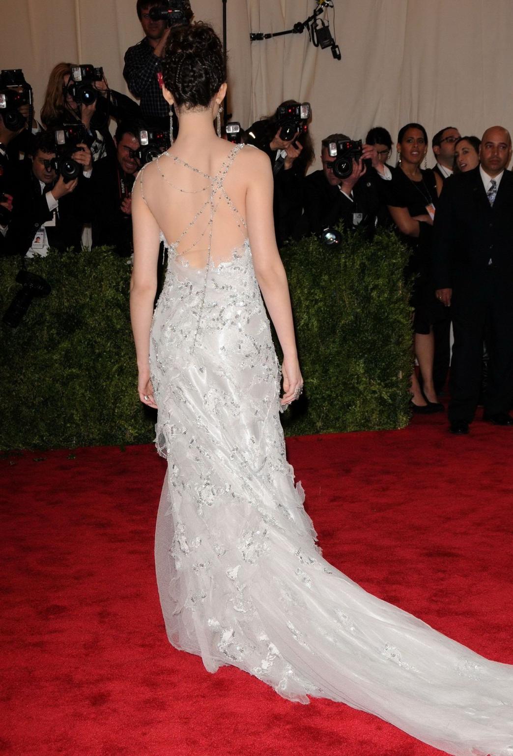 16P Emmy Rossum showing big cleavage in white lace partially see-thru dress on 2013 
