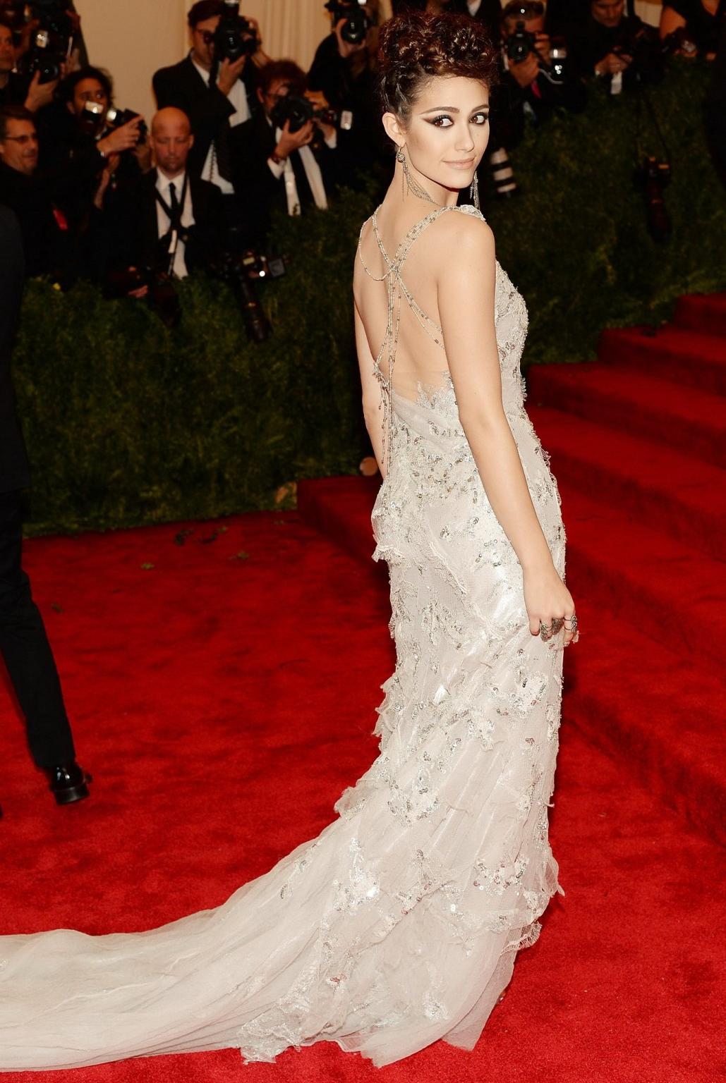 16P Emmy Rossum showing big cleavage in white lace partially see-thru dress on 2013 