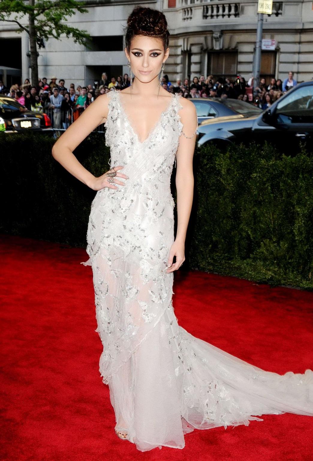16P Emmy Rossum showing big cleavage in white lace partially see-thru dress on 2013 
