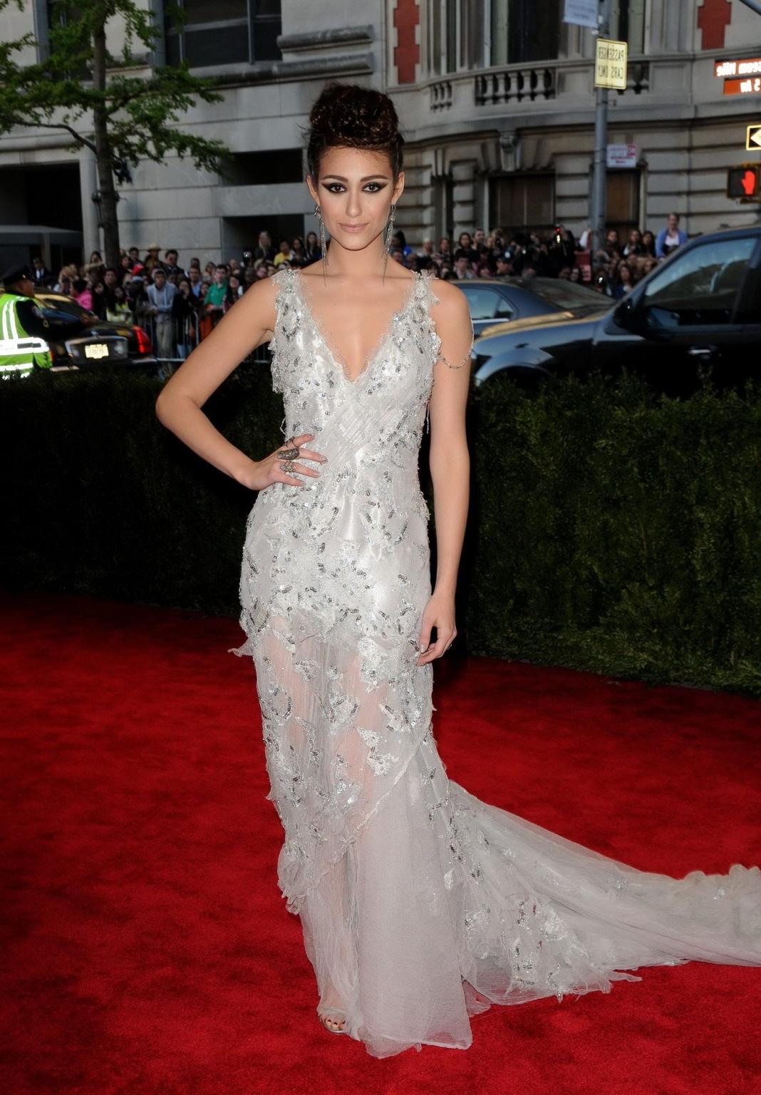 16P Emmy Rossum showing big cleavage in white lace partially see-thru dress on 2013 