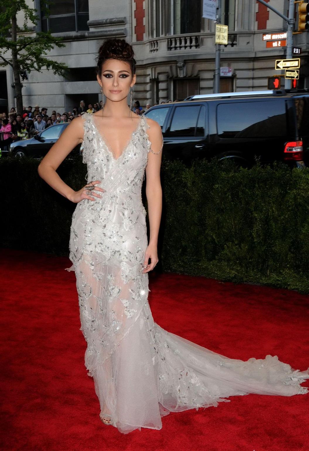 16P Emmy Rossum showing big cleavage in white lace partially see-thru dress on 2013 