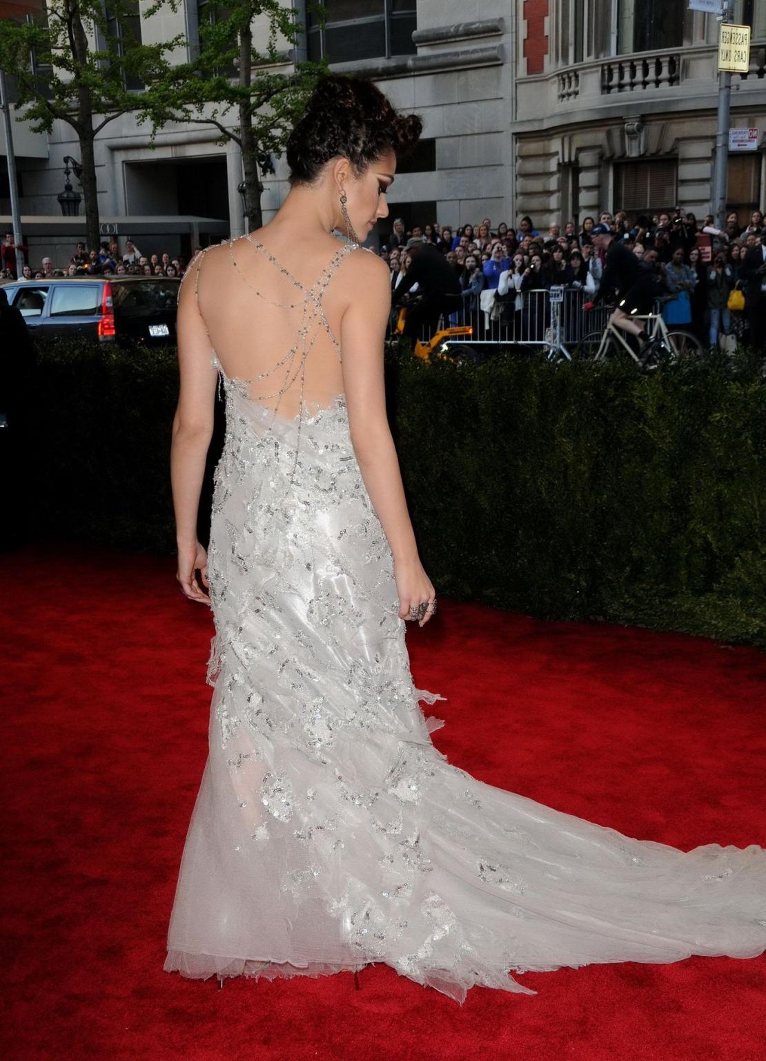16P Emmy Rossum showing big cleavage in white lace partially see-thru dress on 2013 