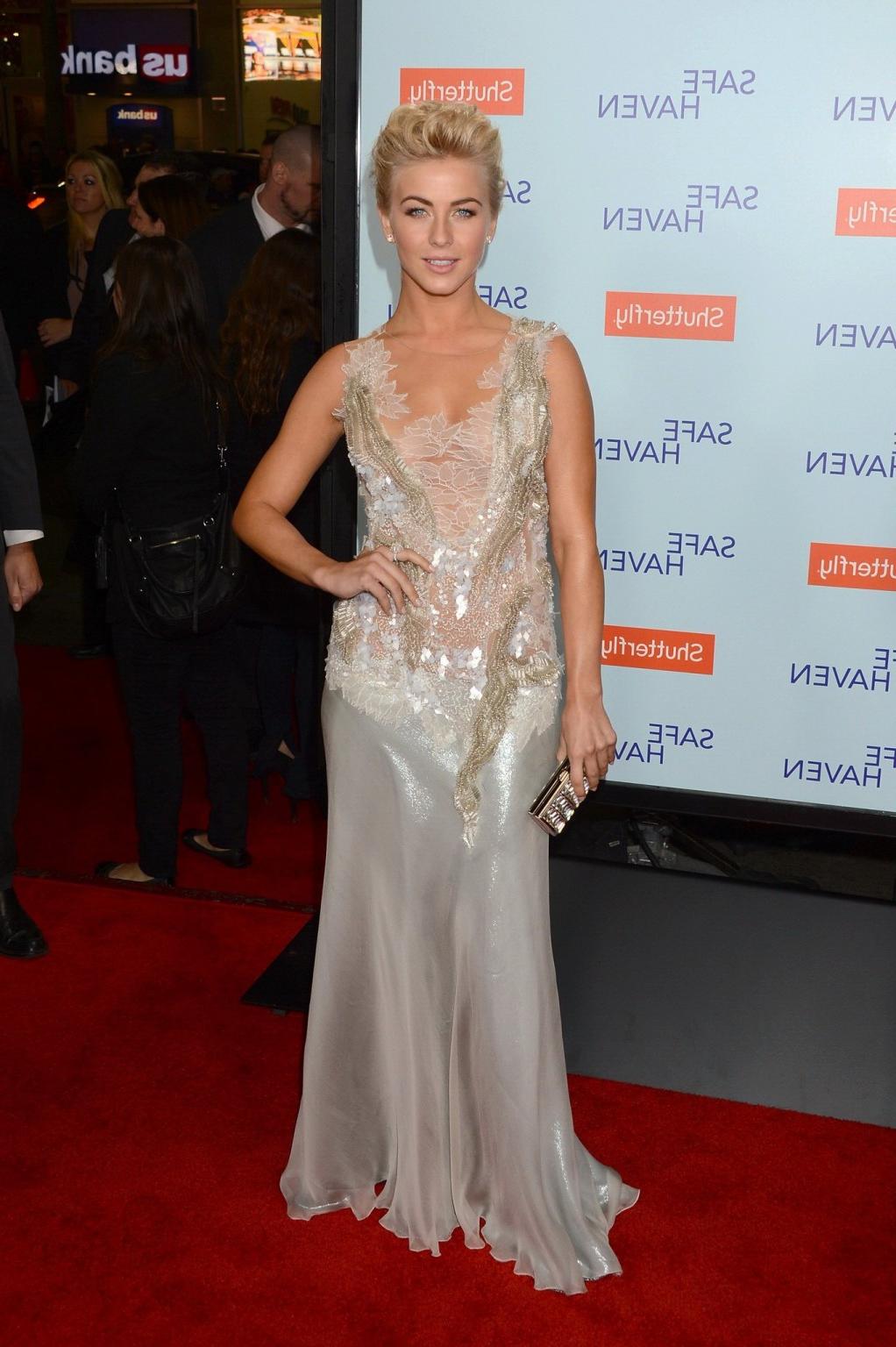 10P Julianne Hough braless wearing white lace transparent backless dress at Safe Hav