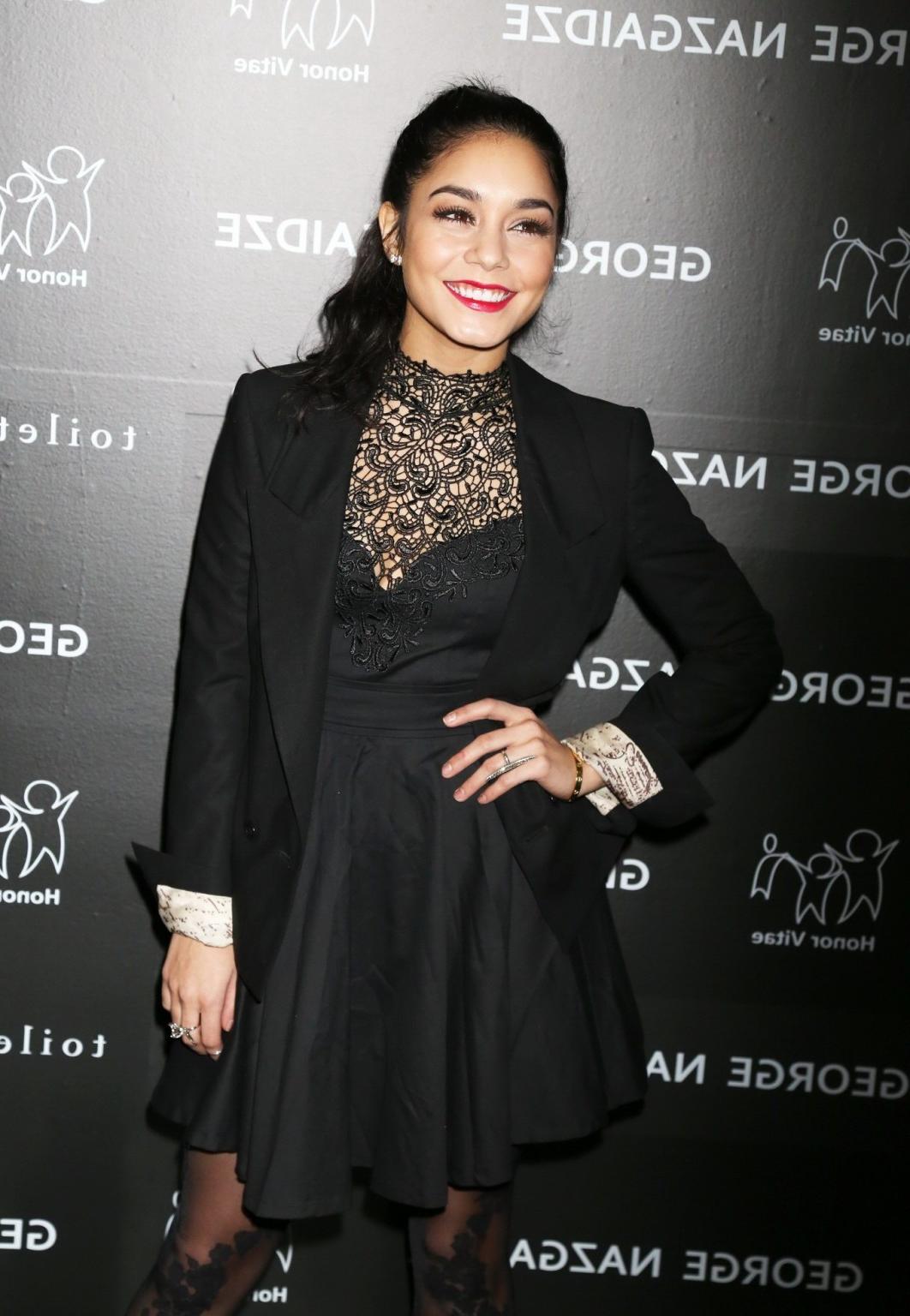 10P Vanessa Hudgens wearing a black lace dress  pantyhose at Charity Meets Fashion H
