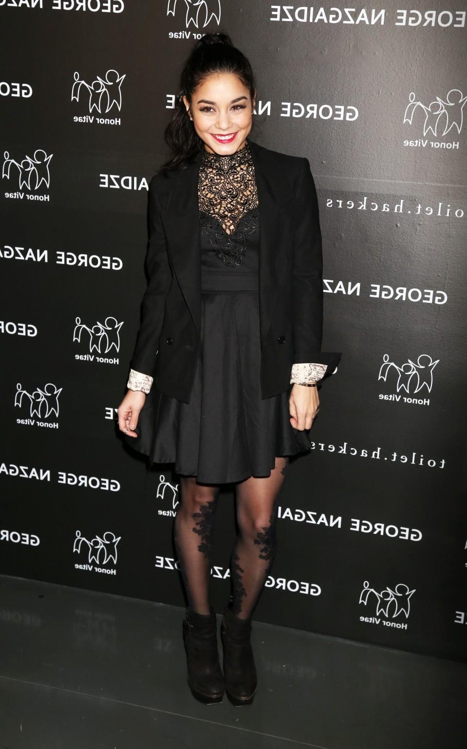 10P Vanessa Hudgens wearing a black lace dress  pantyhose at Charity Meets Fashion H