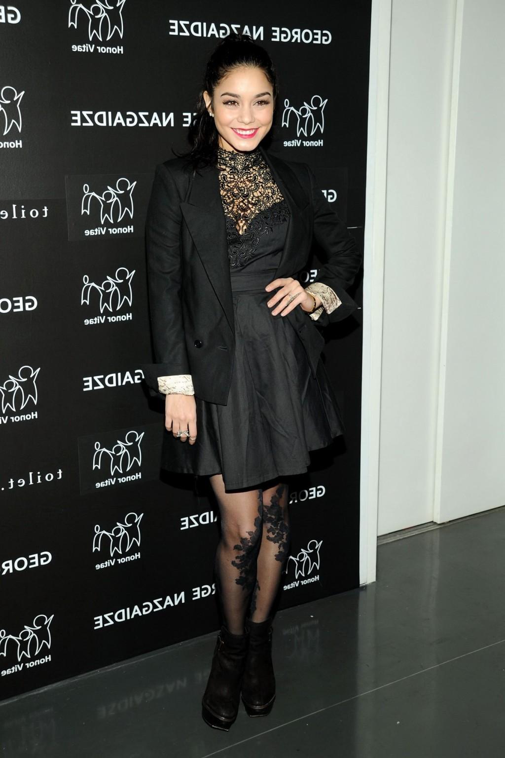 10P Vanessa Hudgens wearing a black lace dress  pantyhose at Charity Meets Fashion H