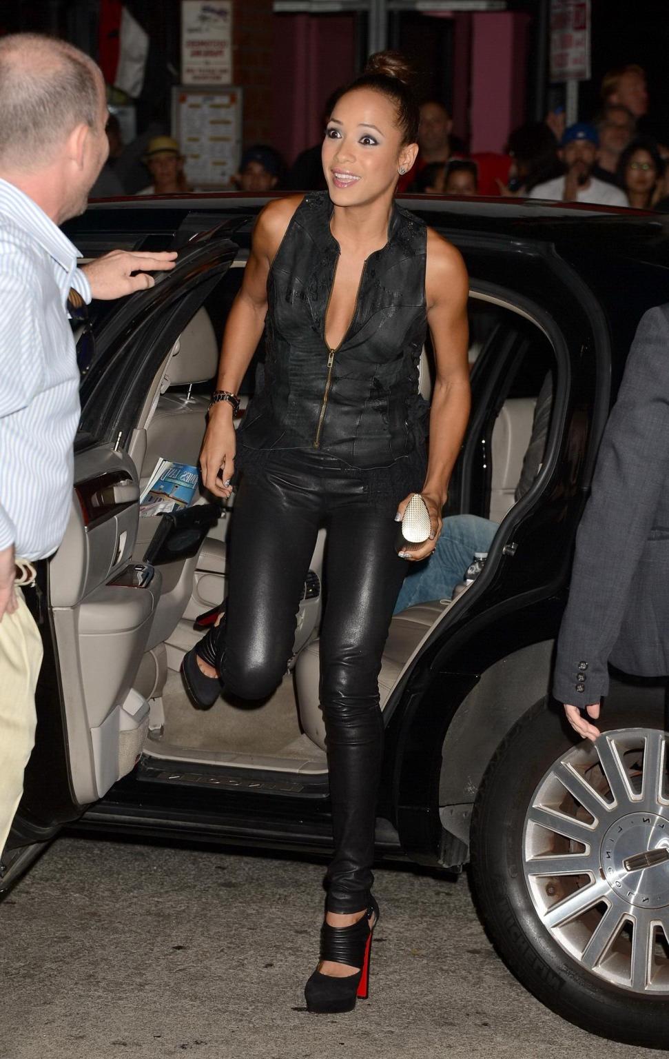 10P Dania Ramirez shows booty  cleavage wearing a tight leather outfit at 'Seven Psy