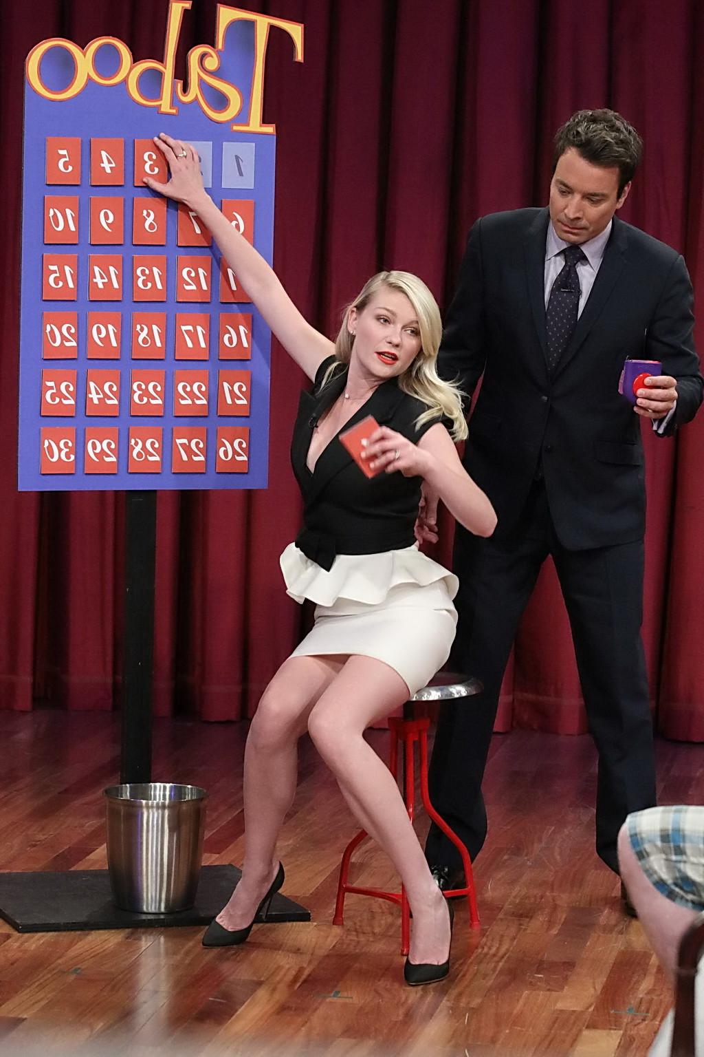 10P Kirsten Dunst upskirt and showing big cleavage at Late Night with Jimmy Fallon