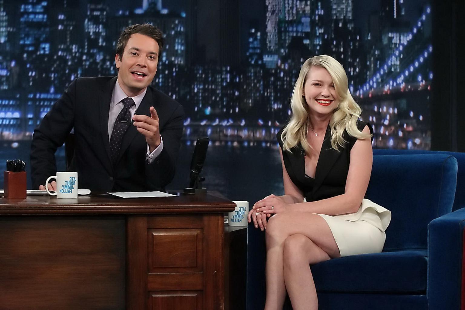 10P Kirsten Dunst upskirt and showing big cleavage at Late Night with Jimmy Fallon