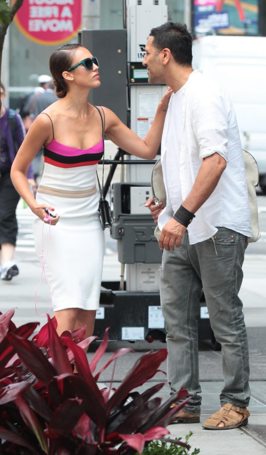 10P Jessica Alba shows cleavage in low cut dress leaving her hotel in SoHo