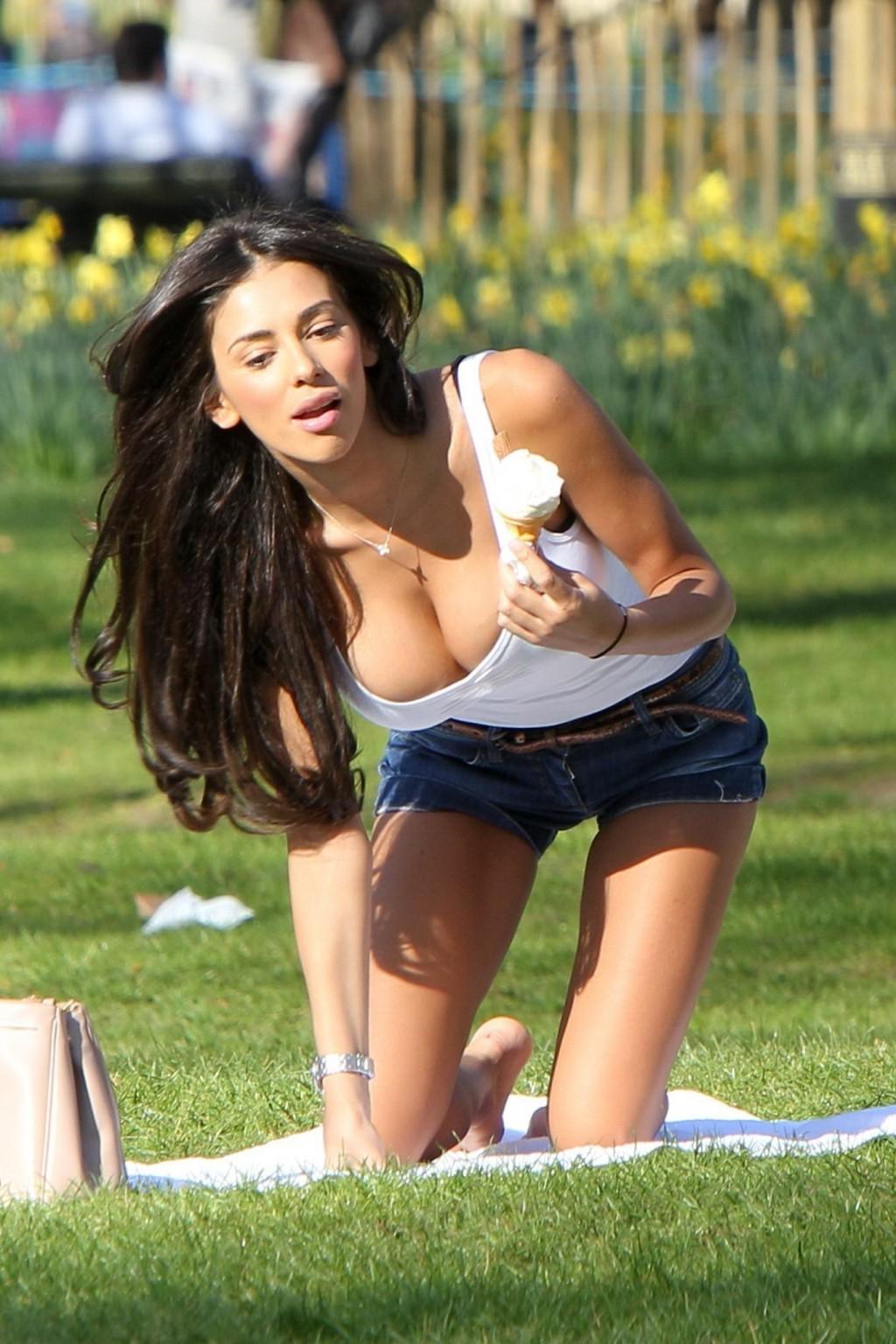 16P Georgia Salpa showing huge cleavage downblouse in a park in London