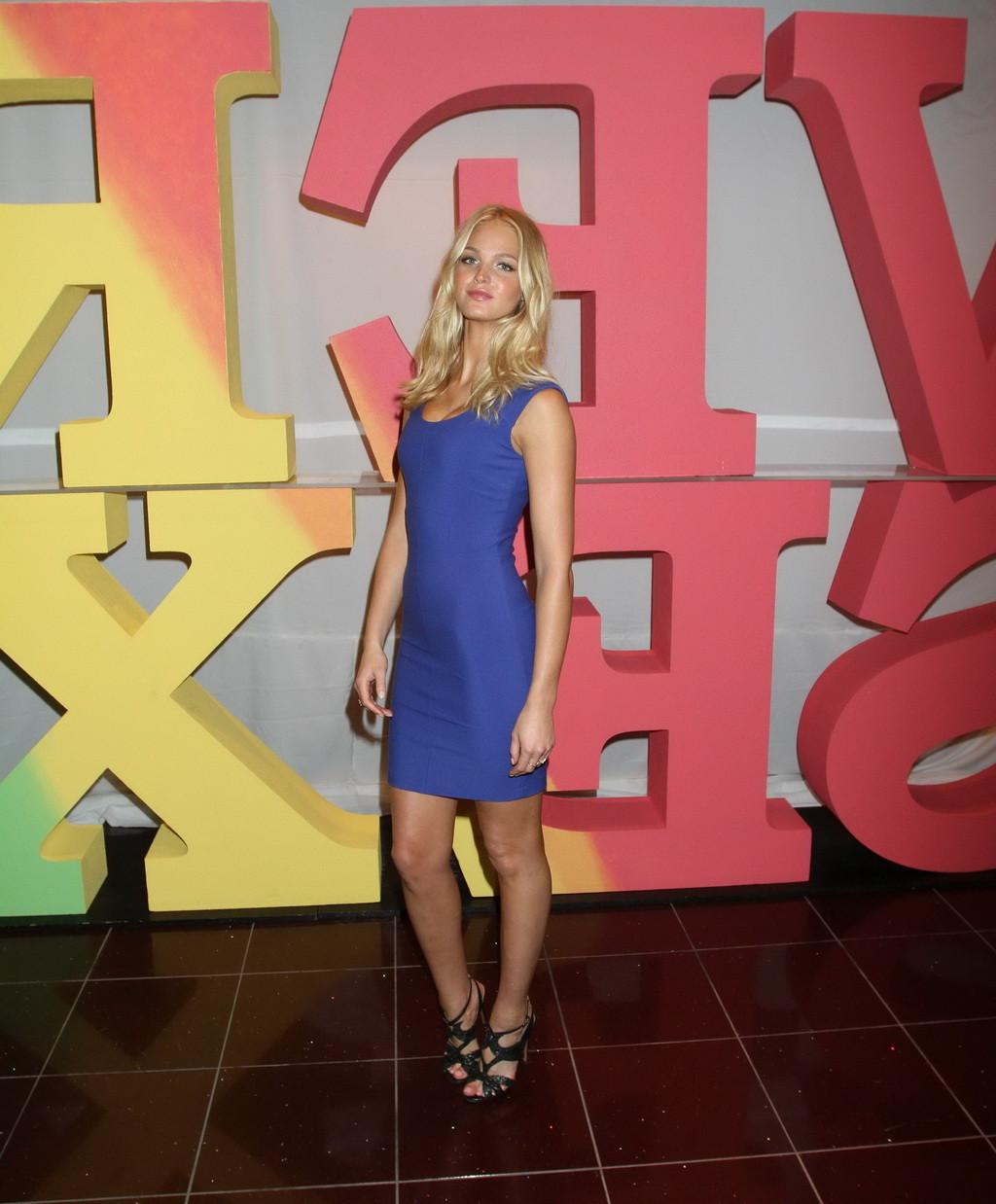 16P Erin Heatherton showing cleavage in short blue dress at VS Very Sexy tour stop i