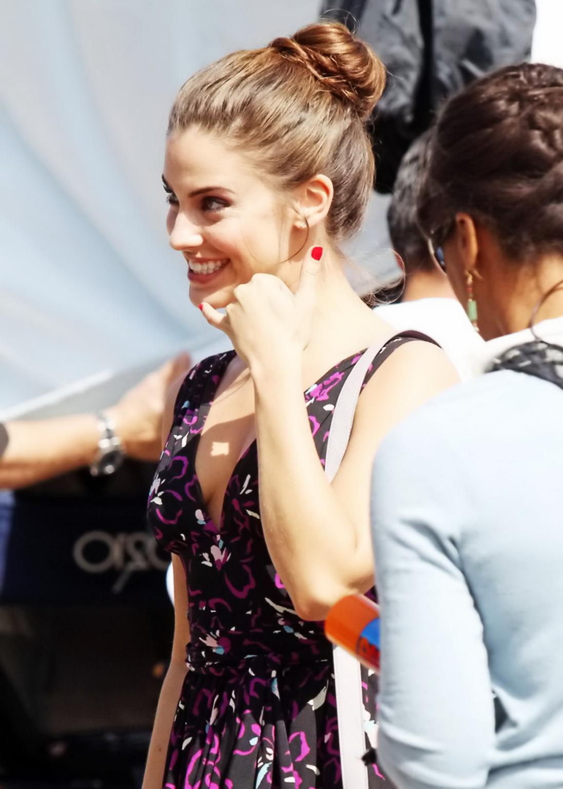 16P Jessica Lowndes showing awesome cleavage on '90210' set in Santa Monica