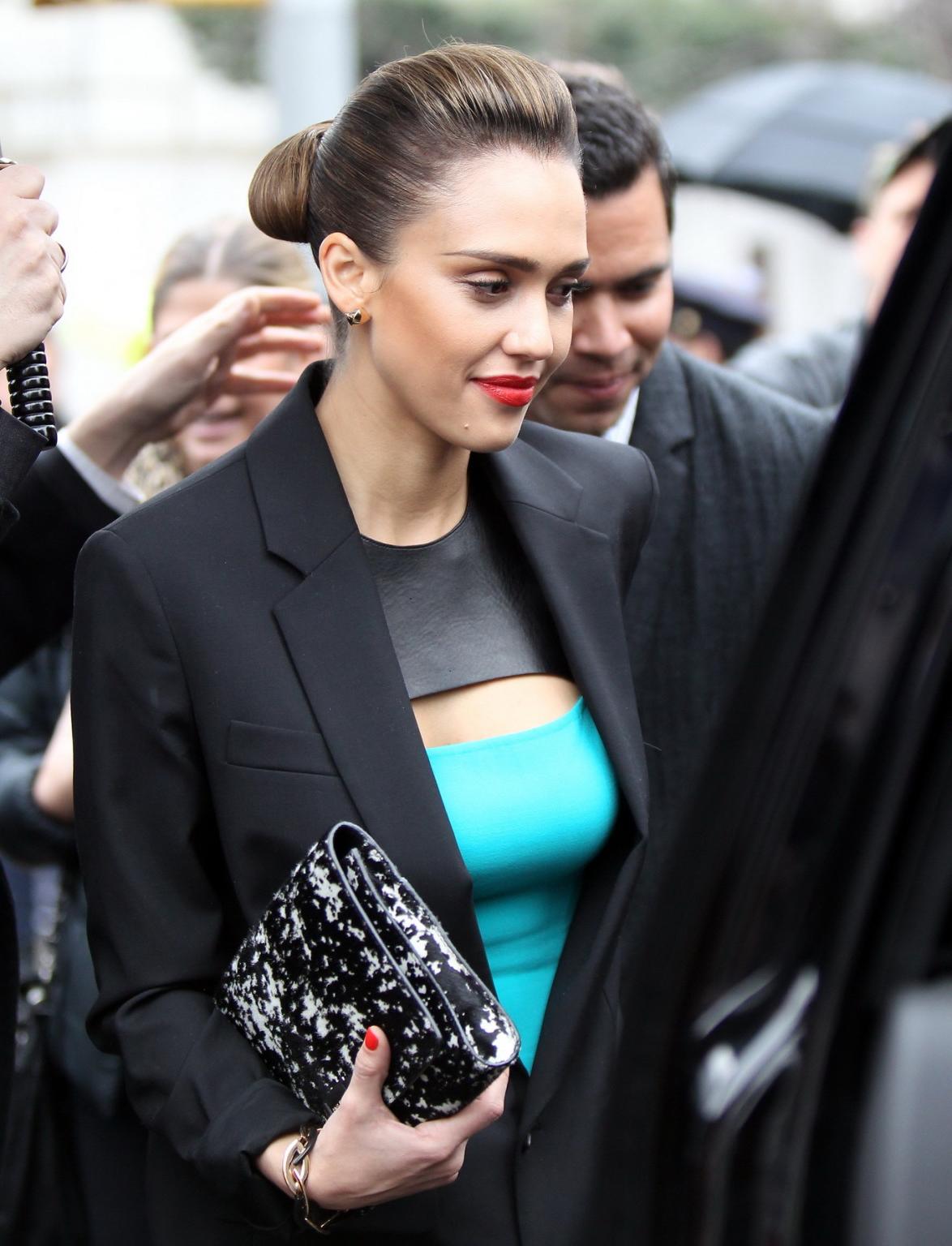 16P Jessica Alba showing cleavage at Michael Kors Fall 2012 fashion show in NYC